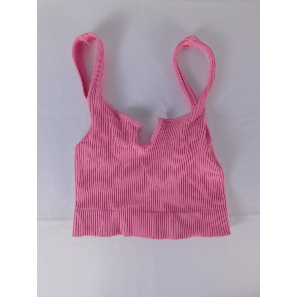 Tillys Pink Ribbed V Notch Crop Tank Top Juniors S/M Camisole Made USA Stretch